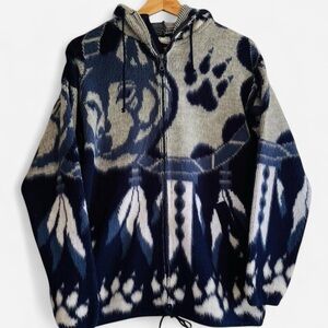 Artesanias Tuntaquimba Ecuador Blue Gray Wool Wolf & Dream Catcher Hooded Jacket